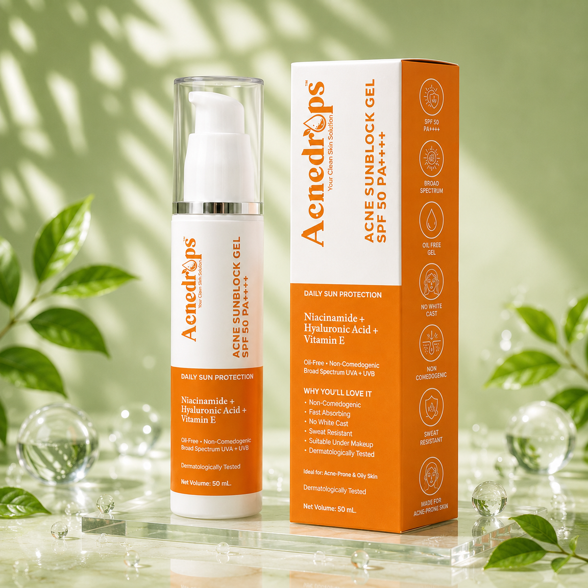 Oil-Free Acne Sunblock Gel SPF 50 PA++++ | Niacinamide + Hyaluronic Acid | 50ml