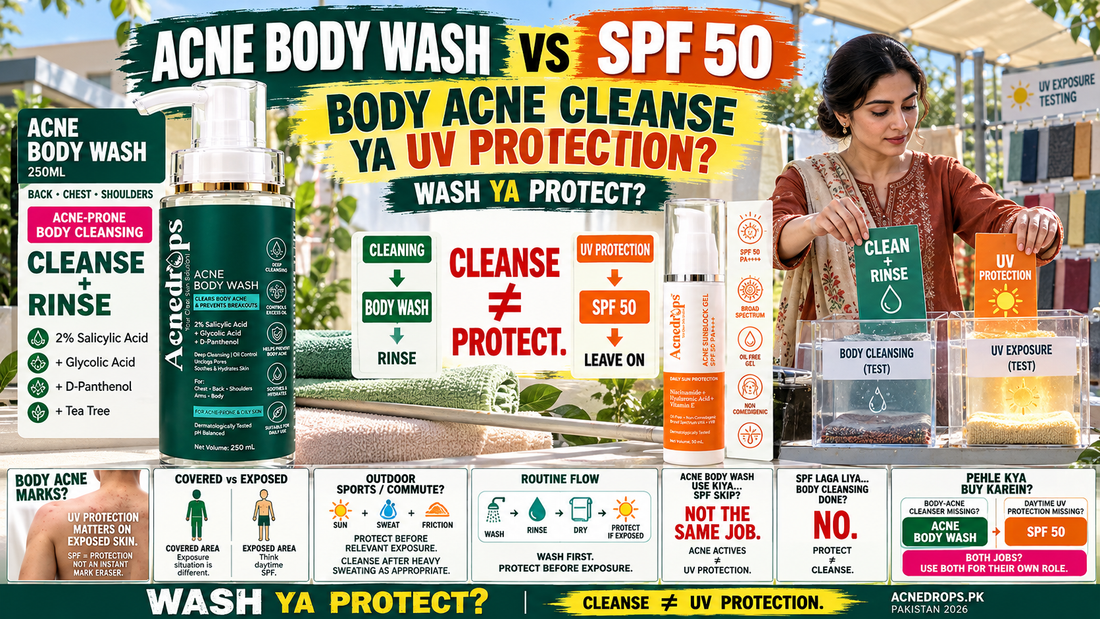 Acne Body Wash vs SPF 50 – Body Acne Cleansing or Sun Protection? Pakistan 2026